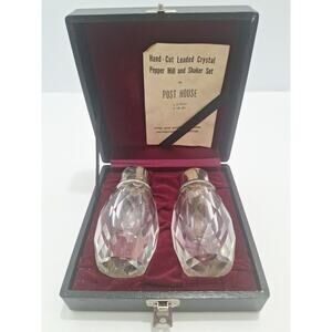 Post House Leaded Crystal Salt Shaker & Pepper Mill Set w/ Box Vintage 50s-60s
